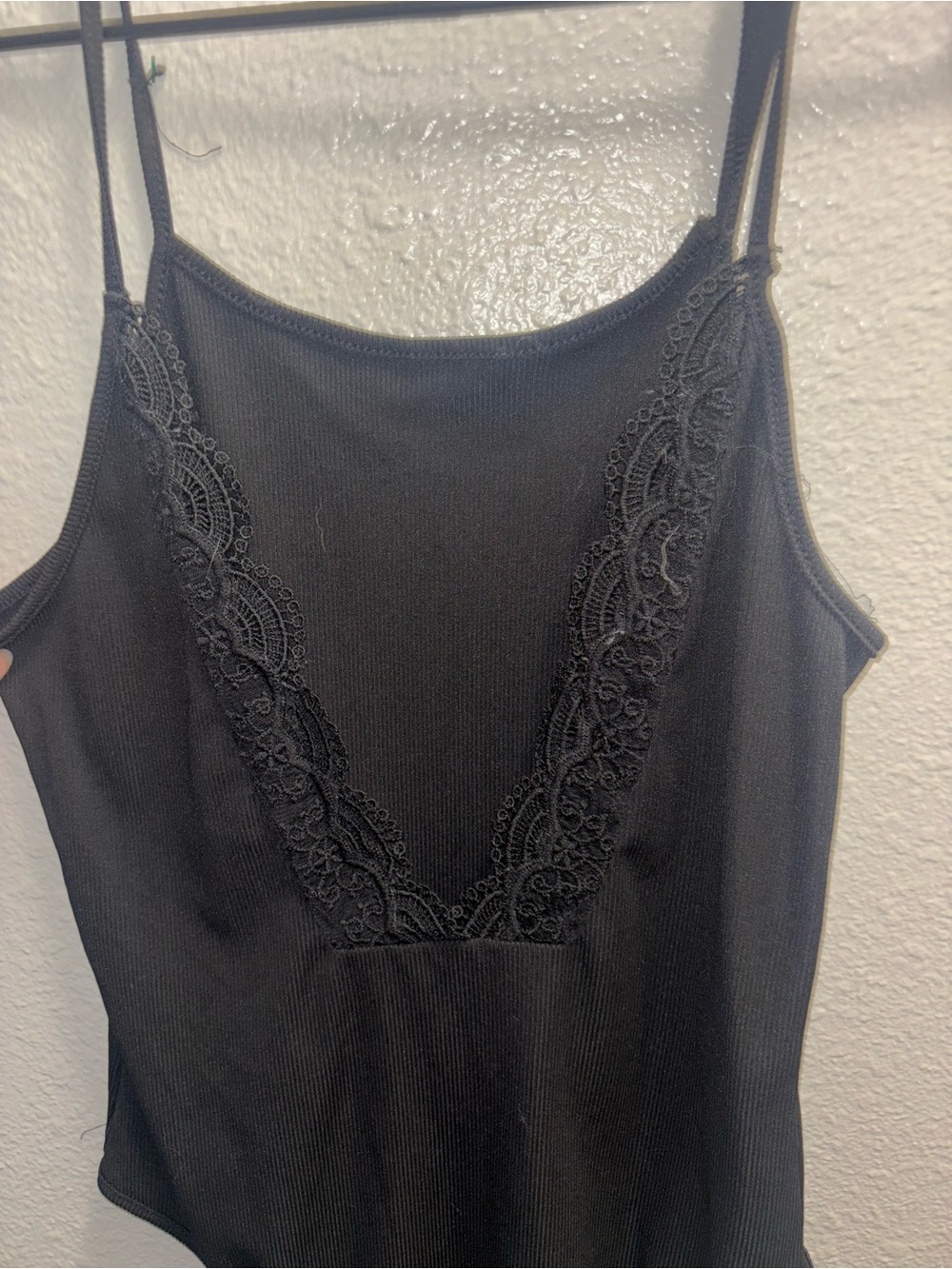 SHEIN Black Lace Trim Ribbed Cami Bodysuit